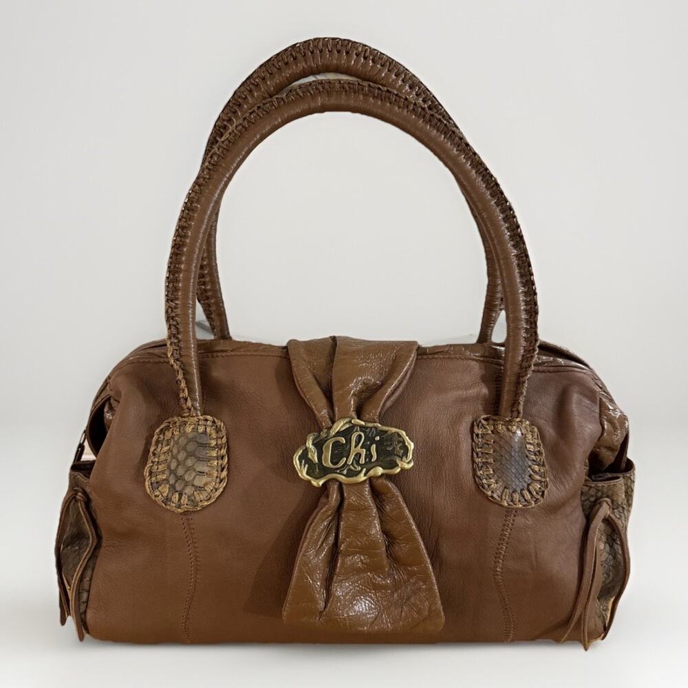 Chi Carlos Falchi Brown Leather Satchel Bag Purse Snakeskin Accent Brass Y2K